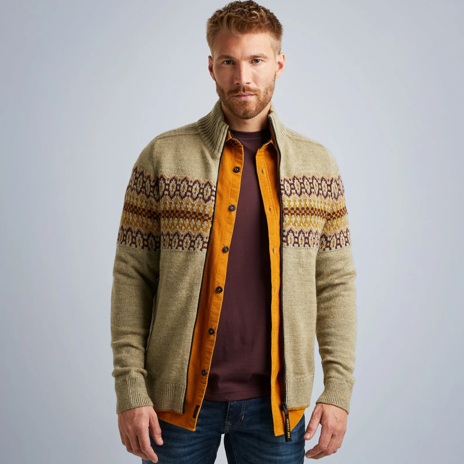 PME Legend Tops*Cardigan With Fair Isle Pattern Brown