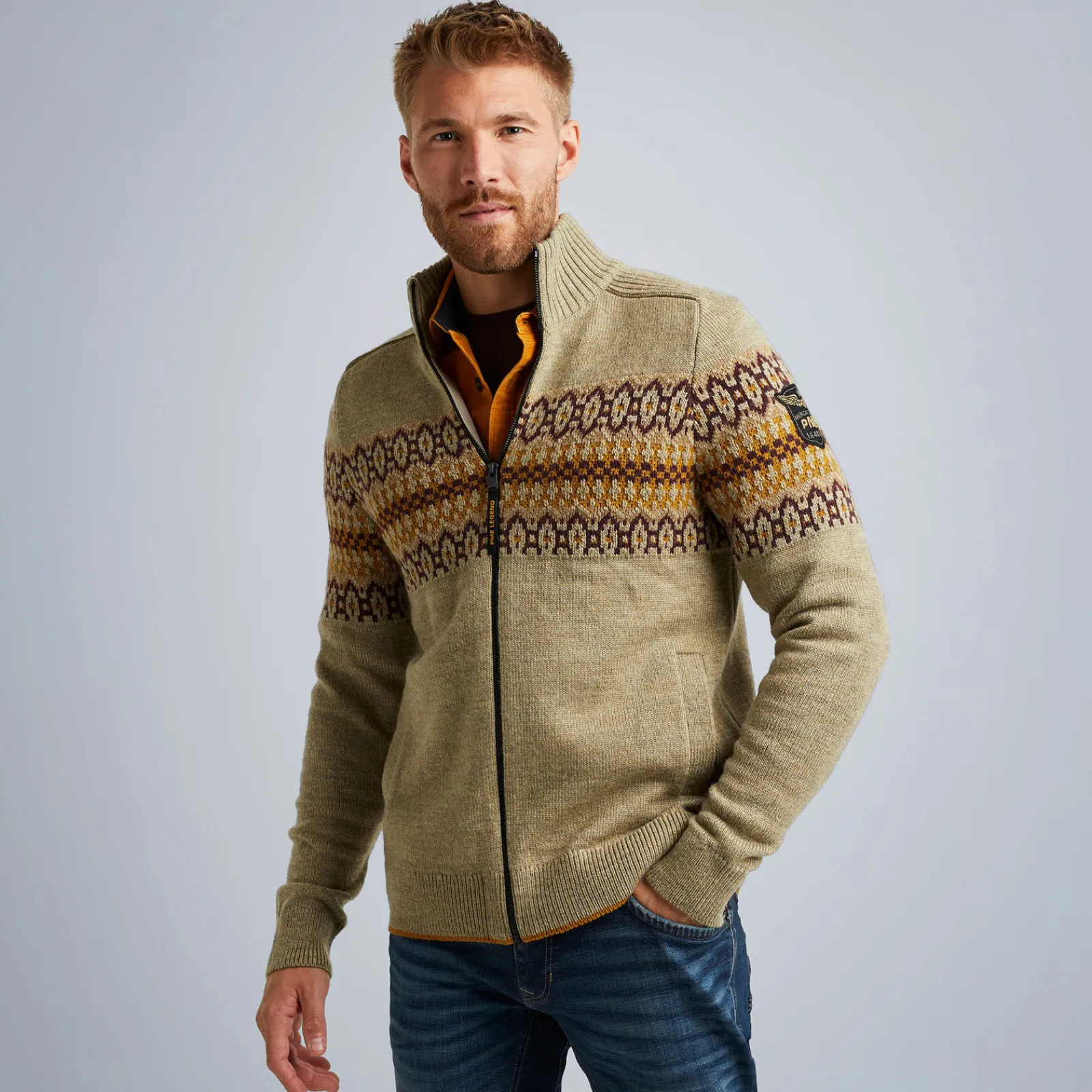 PME Legend Tops*Cardigan With Fair Isle Pattern Brown