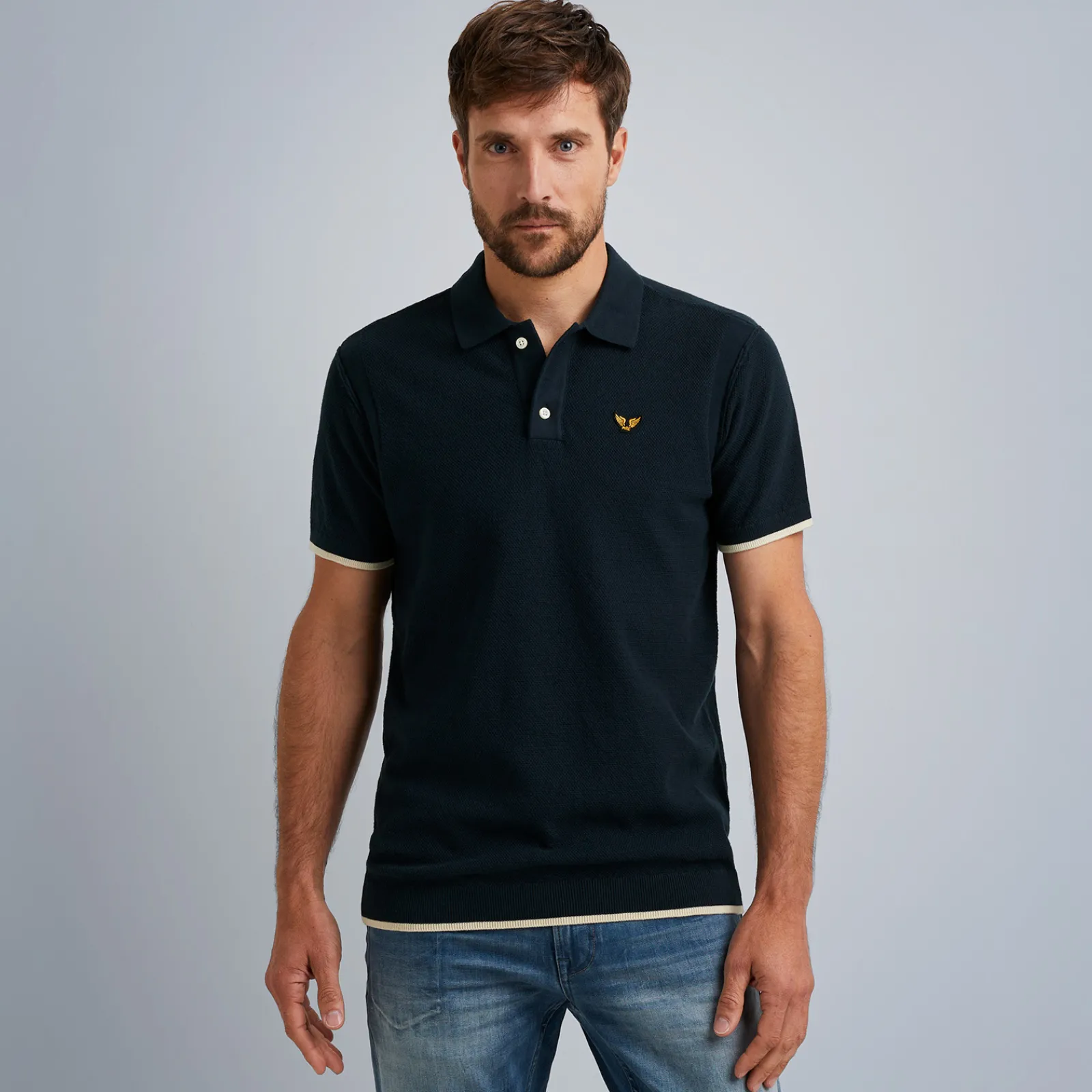 PME Legend Tops*Short Sleeve Polo Structure Knit Polo Blue